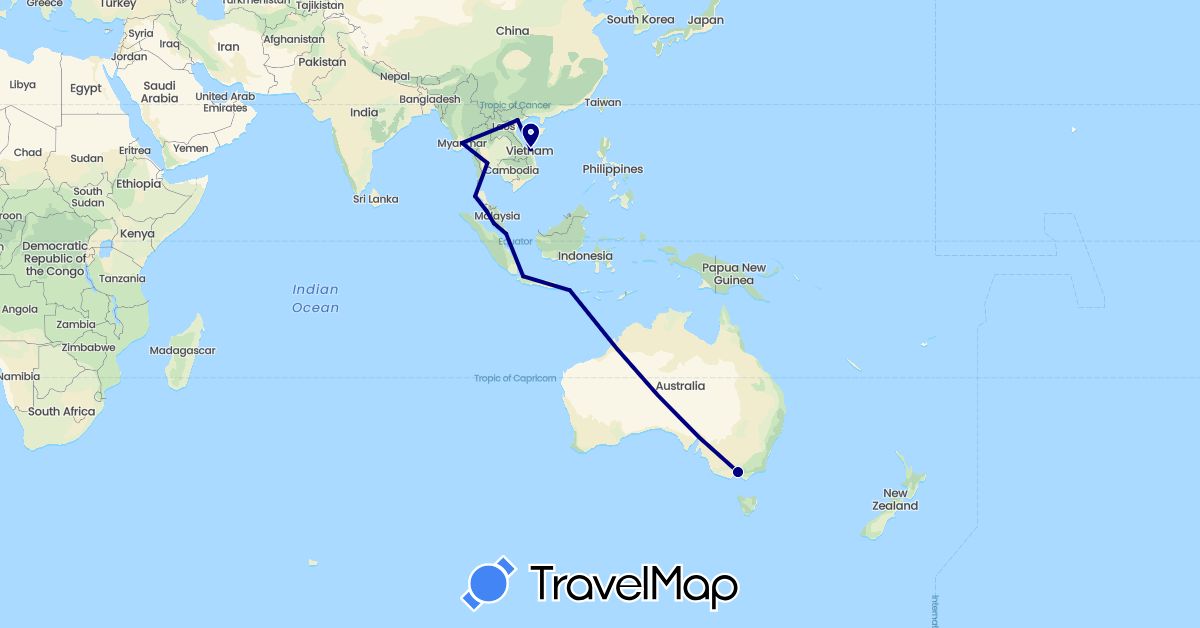 TravelMap itinerary: driving in Australia, Indonesia, Laos, Myanmar (Burma), Malaysia, Singapore, Thailand, Vietnam (Asia, Oceania)